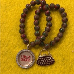 Brown and Green Beaded Bracelet with Charms